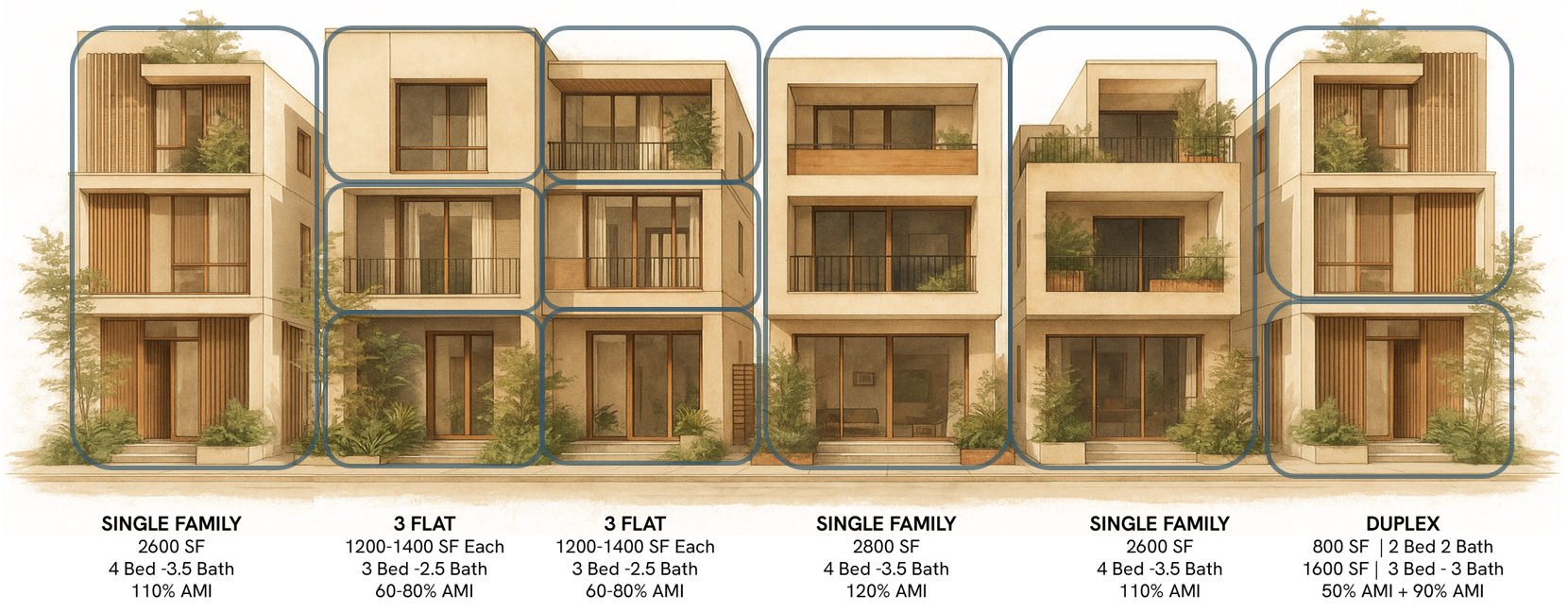 Scale-Built Housing demonstration homes — single-family, 3-flat, townhome, and duplex typologies with square footage, bed/bath counts, and AMI bands
